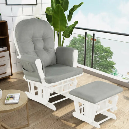 Wood Glider and Ottoman Set with Padded Armrests and Detachable Cushion-Light Gray - Light Gray - Recliners