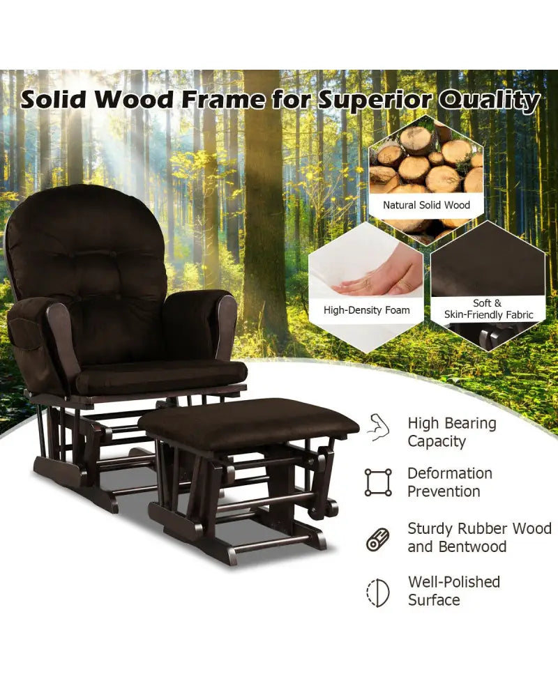 Wood Glider and Ottoman Set with Padded Armrests and Detachable Cushion-Brown - Brown - Recliners