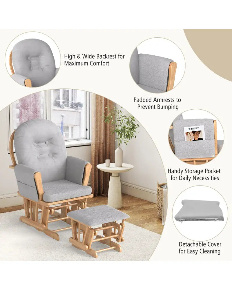 Wood Glider and Ottoman Set with Padded Armrests and Detachable Cushion-Natural - Natural - Recliners