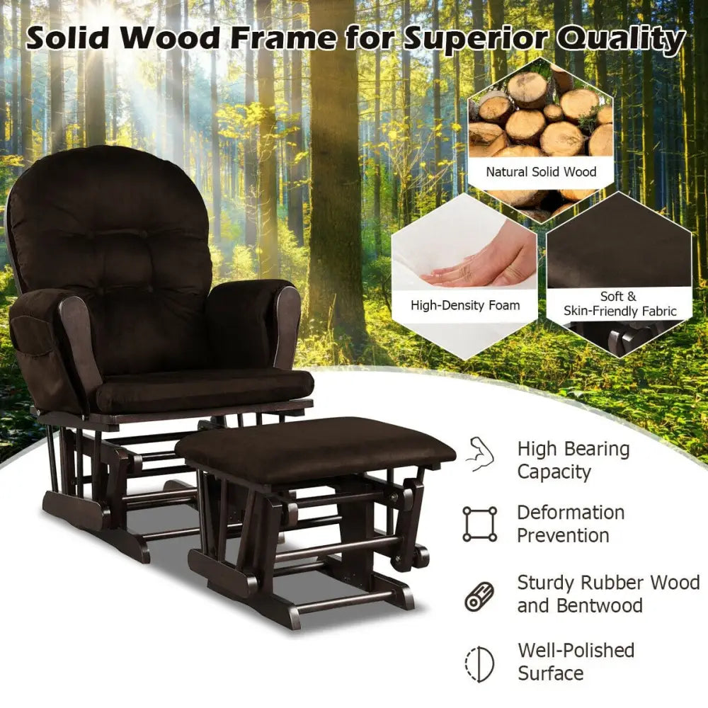 Wood Glider and Ottoman Set with Padded Armrests and Detachable Cushion-Brown - Brown - Recliners