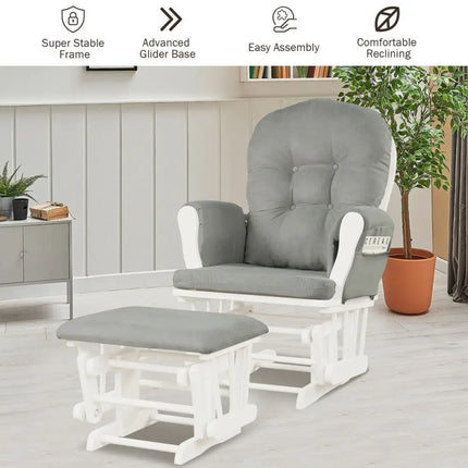 Wood Glider and Ottoman Set with Padded Armrests and Detachable Cushion-Light Gray - Light Gray - Recliners
