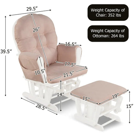 Wood Glider and Ottoman Set with Padded Armrests and Detachable Cushion-Pink - Pink - Recliners