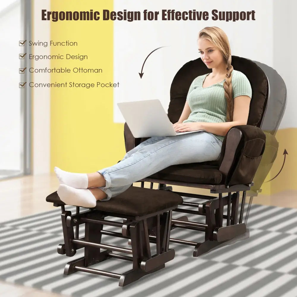 Wood Glider and Ottoman Set with Padded Armrests and Detachable Cushion-Brown - Brown - Recliners
