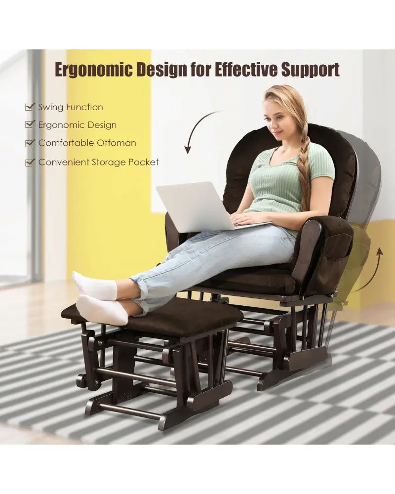 Wood Glider and Ottoman Set with Padded Armrests and Detachable Cushion-Brown - Brown - Recliners