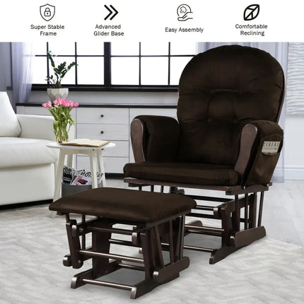 Wood Glider and Ottoman Set with Padded Armrests and Detachable Cushion-Brown - Brown - Recliners
