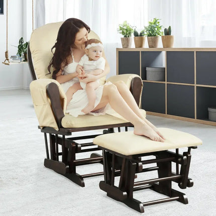 Wood Glider and Ottoman Set with Padded Armrests and Detachable Cushion-Beige - Beige - Recliners