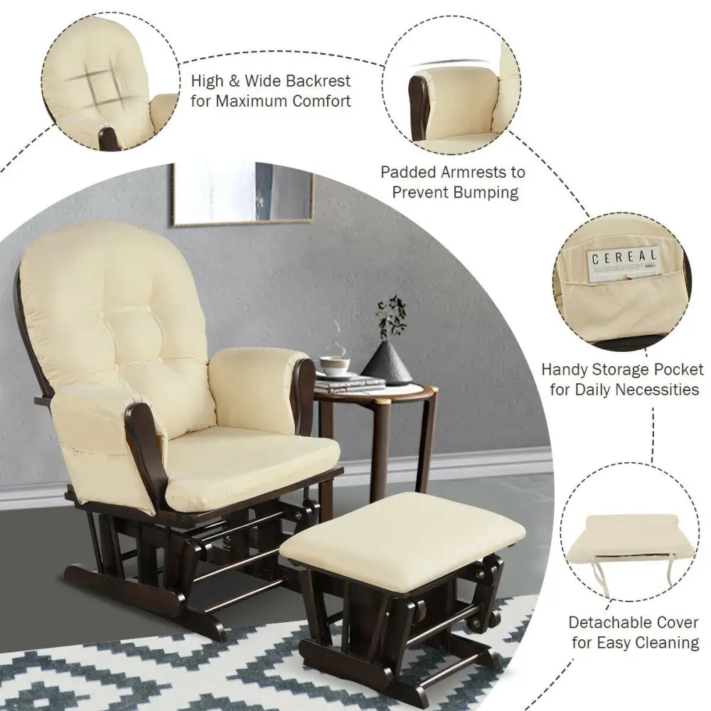 Wood Glider and Ottoman Set with Padded Armrests and Detachable Cushion-Beige - Beige - Recliners