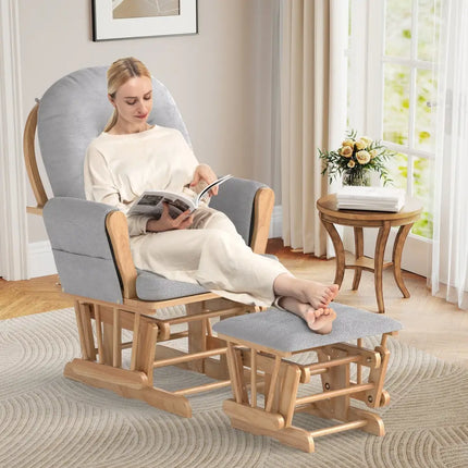 Wood Glider and Ottoman Set with Padded Armrests and Detachable Cushion-Natural - Natural - Recliners