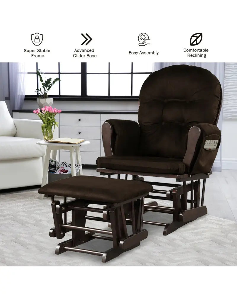 Wood Glider and Ottoman Set with Padded Armrests and Detachable Cushion-Brown - Brown - Recliners