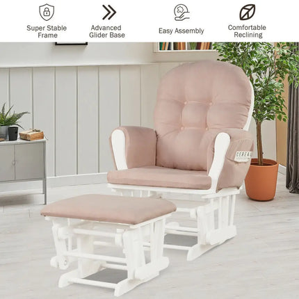 Wood Glider and Ottoman Set with Padded Armrests and Detachable Cushion-Pink - Pink - Recliners