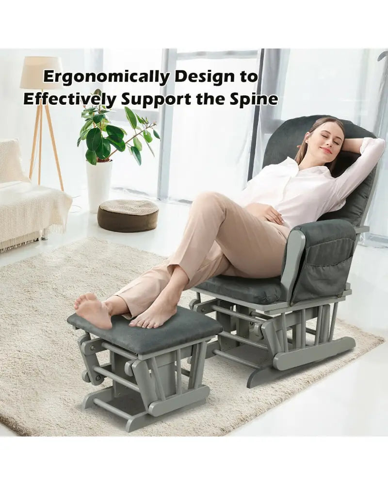 Wood Glider and Ottoman Set with Padded Armrests and Detachable Cushion-Dark Gray - Dark Gray - Recliners