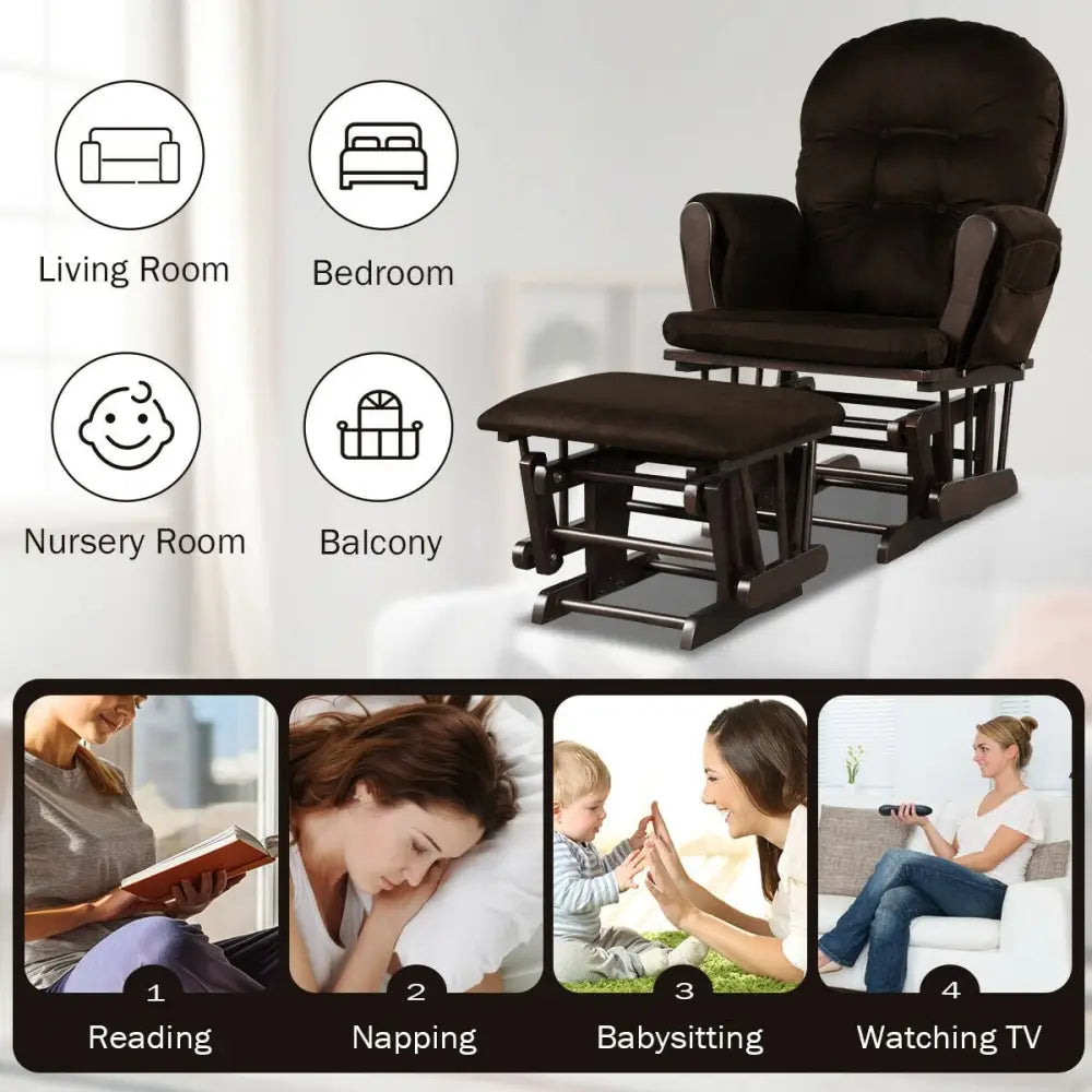 Wood Glider and Ottoman Set with Padded Armrests and Detachable Cushion-Brown - Brown - Recliners