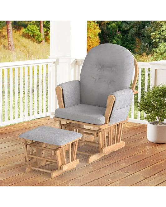 Wood Glider and Ottoman Set with Padded Armrests and Detachable Cushion-Natural - Natural - Recliners