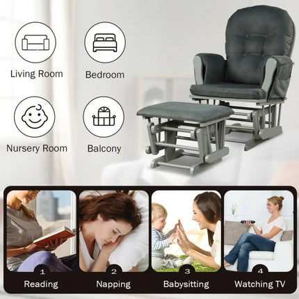 Wood Glider and Ottoman Set with Padded Armrests and Detachable Cushion-Dark Gray - Dark Gray - Recliners