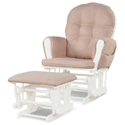 Wood Glider and Ottoman Set with Padded Armrests and Detachable Cushion-Pink - Pink - Recliners