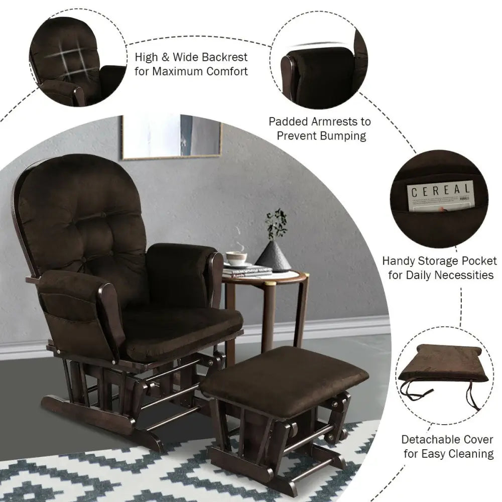 Wood Glider and Ottoman Set with Padded Armrests and Detachable Cushion-Brown - Brown - Recliners
