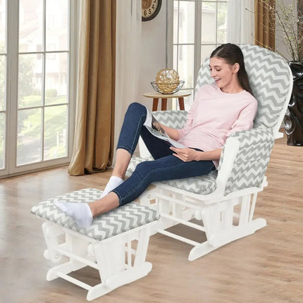 Wood Glider and Ottoman Set with Padded Armrests and Detachable Cushion-Gray and White - White - Recliners