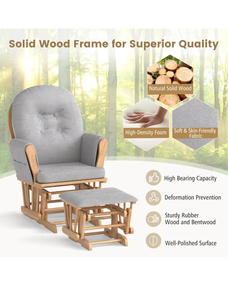 Wood Glider and Ottoman Set with Padded Armrests and Detachable Cushion-Natural - Natural - Recliners