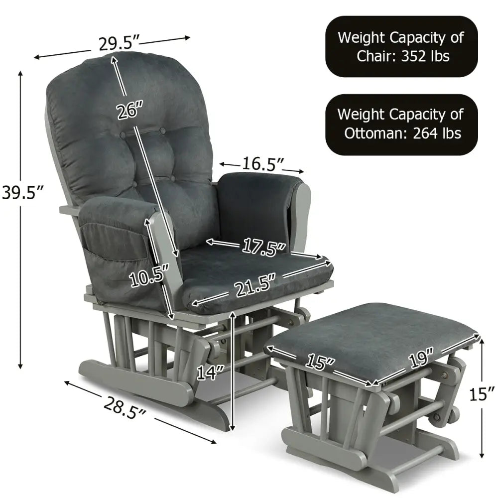 Wood Glider and Ottoman Set with Padded Armrests and Detachable Cushion-Dark Gray - Dark Gray - Recliners