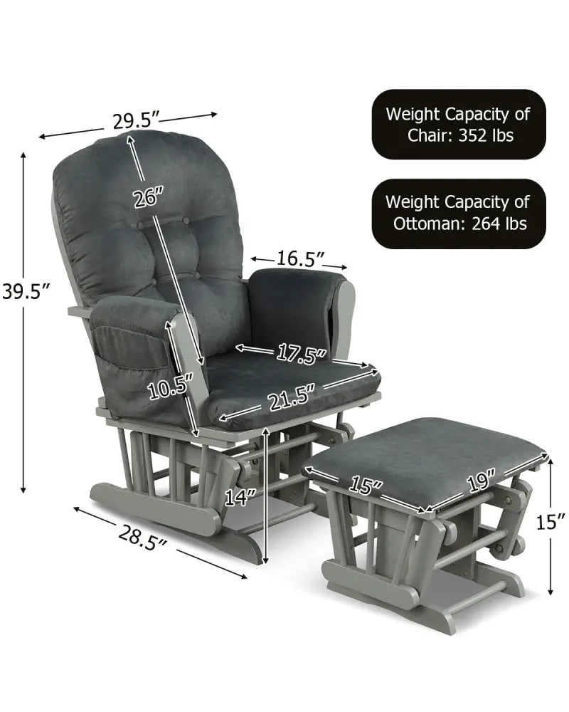 Wood Glider and Ottoman Set with Padded Armrests and Detachable Cushion-Dark Gray - Dark Gray - Recliners