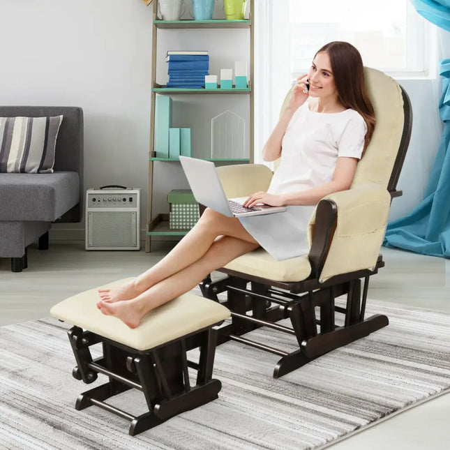 Wood Glider and Ottoman Set with Padded Armrests and Detachable Cushion-Beige - Beige - Recliners