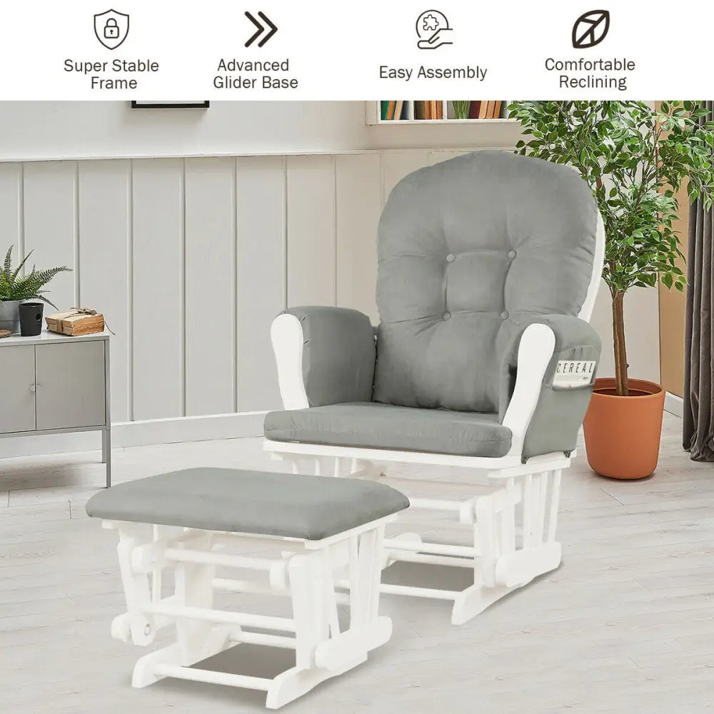 Wood Glider and Ottoman Set with Padded Armrests and Detachable Cushion-Light Gray - Light Gray - Recliners