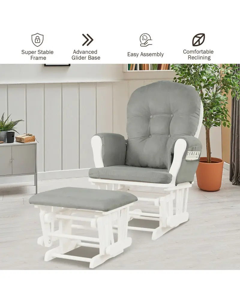Wood Glider and Ottoman Set with Padded Armrests and Detachable Cushion-Light Gray - Light Gray - Recliners