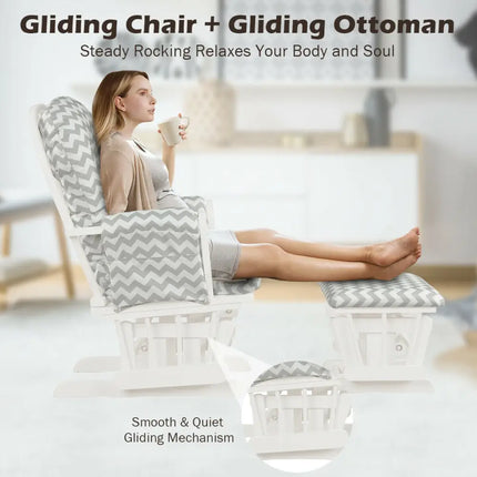 Wood Glider and Ottoman Set with Padded Armrests and Detachable Cushion-Gray and White - White - Recliners