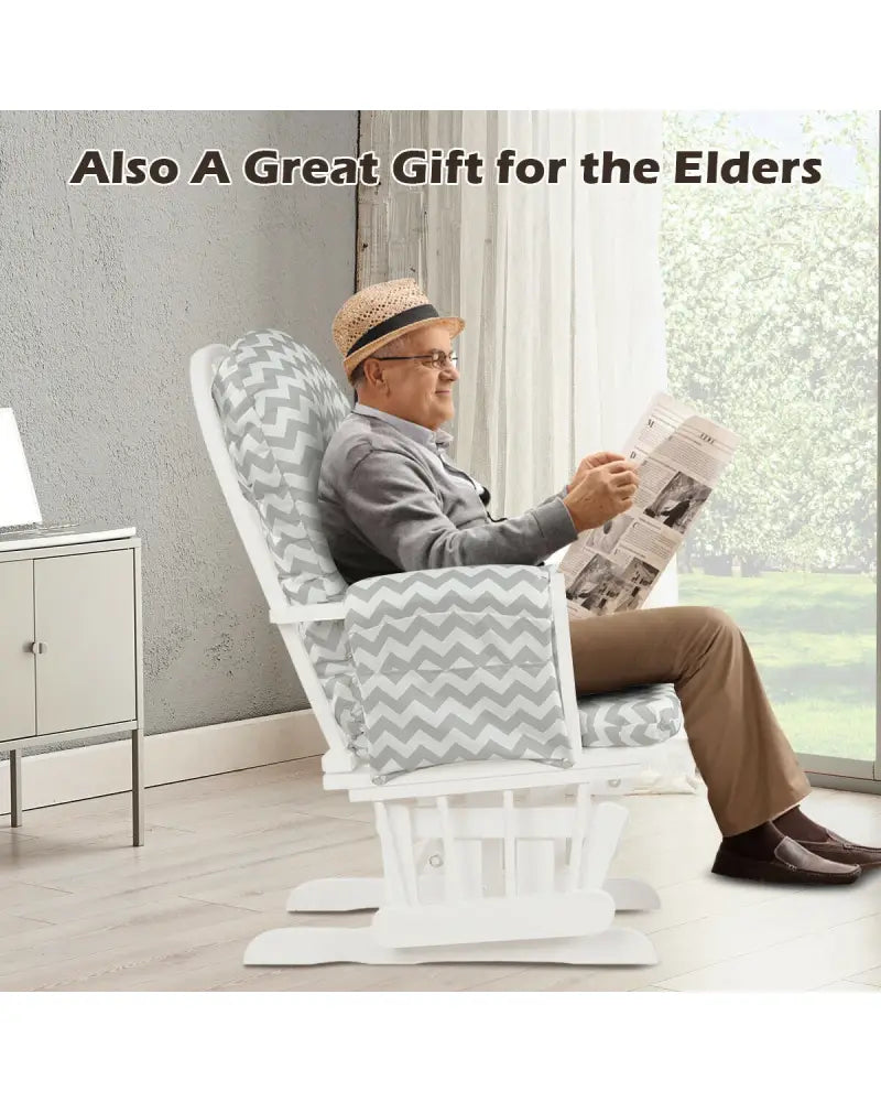 Wood Glider and Ottoman Set with Padded Armrests and Detachable Cushion-Gray and White - White - Recliners