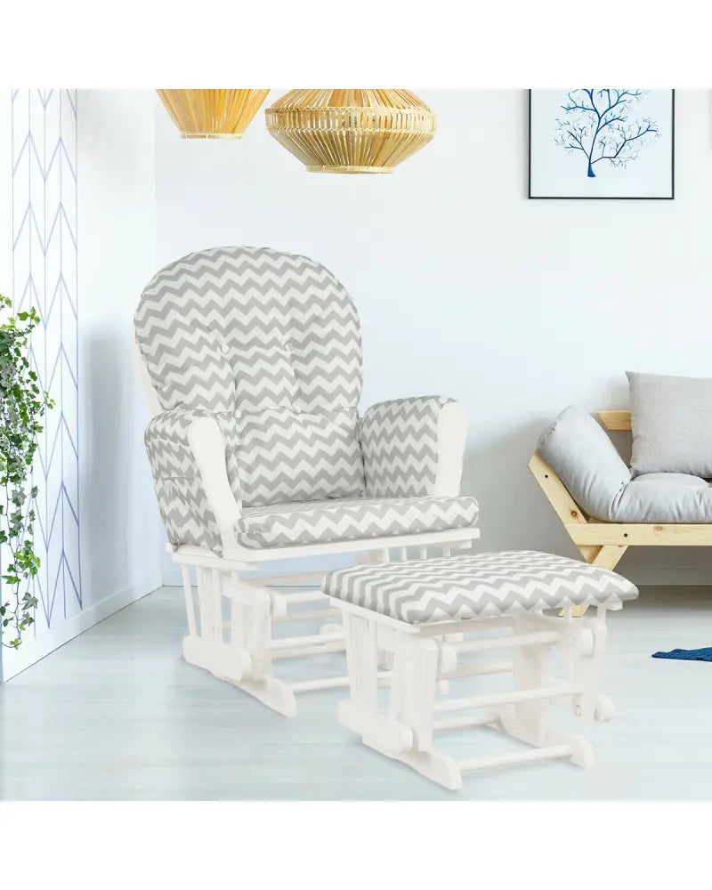 Wood Glider and Ottoman Set with Padded Armrests and Detachable Cushion-Gray and White - White - Recliners
