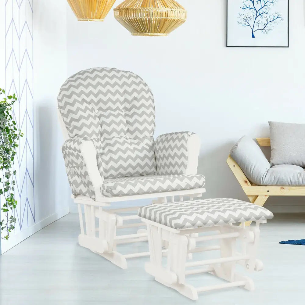 Wood Glider and Ottoman Set with Padded Armrests and Detachable Cushion-Gray and White - White - Recliners