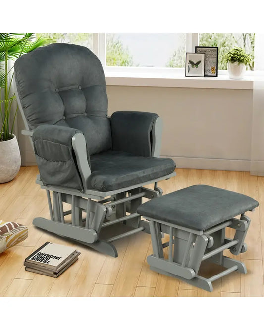 Wood Glider and Ottoman Set with Padded Armrests and Detachable Cushion-Dark Gray - Dark Gray - Recliners