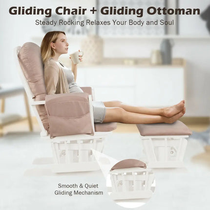 Wood Glider and Ottoman Set with Padded Armrests and Detachable Cushion-Pink - Pink - Recliners