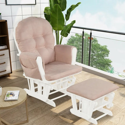 Wood Glider and Ottoman Set with Padded Armrests and Detachable Cushion-Pink - Pink - Recliners