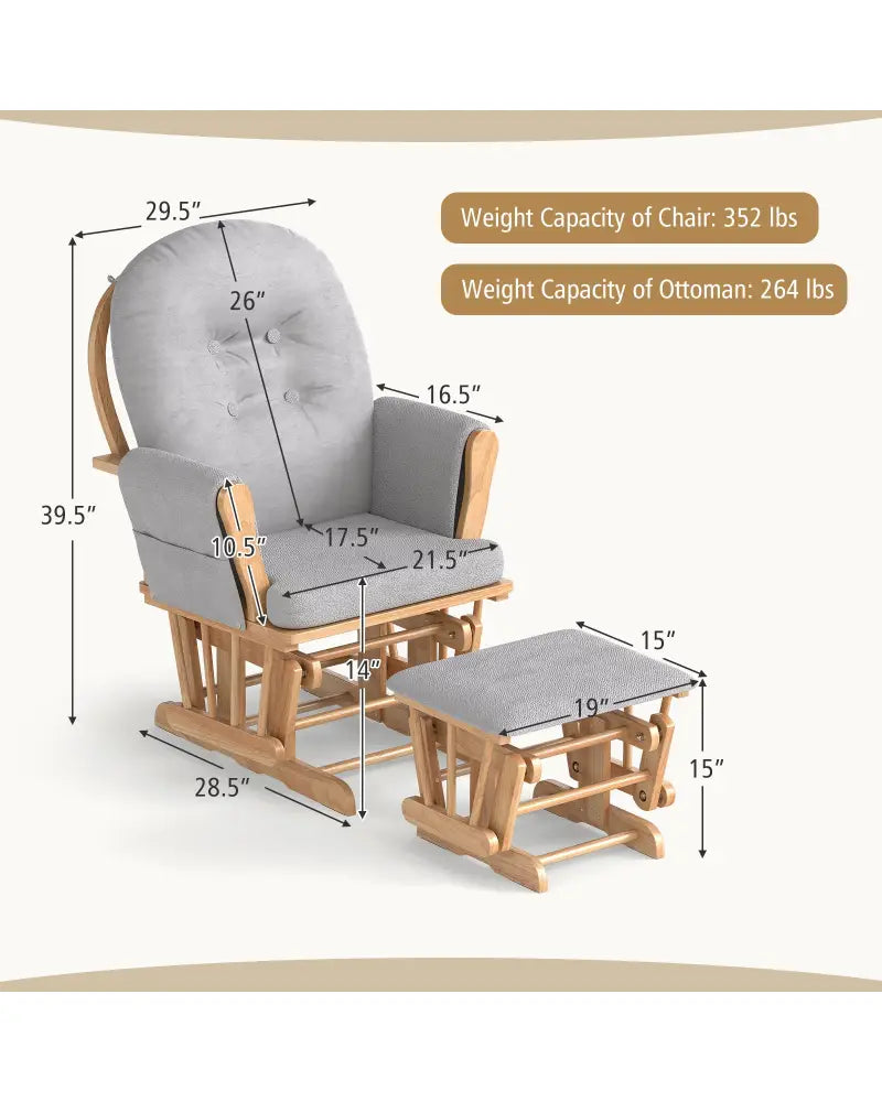 Wood Glider and Ottoman Set with Padded Armrests and Detachable Cushion-Natural - Natural - Recliners