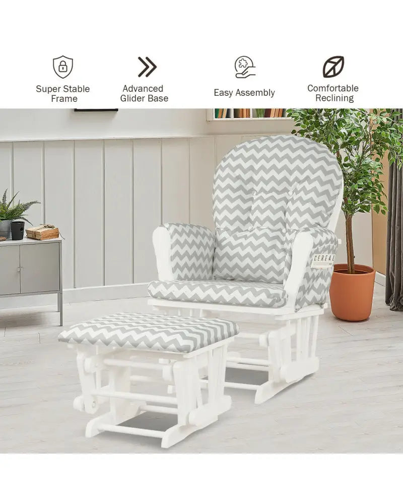 Wood Glider and Ottoman Set with Padded Armrests and Detachable Cushion-Gray and White - White - Recliners