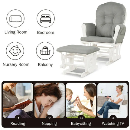 Wood Glider and Ottoman Set with Padded Armrests and Detachable Cushion-Light Gray - Light Gray - Recliners
