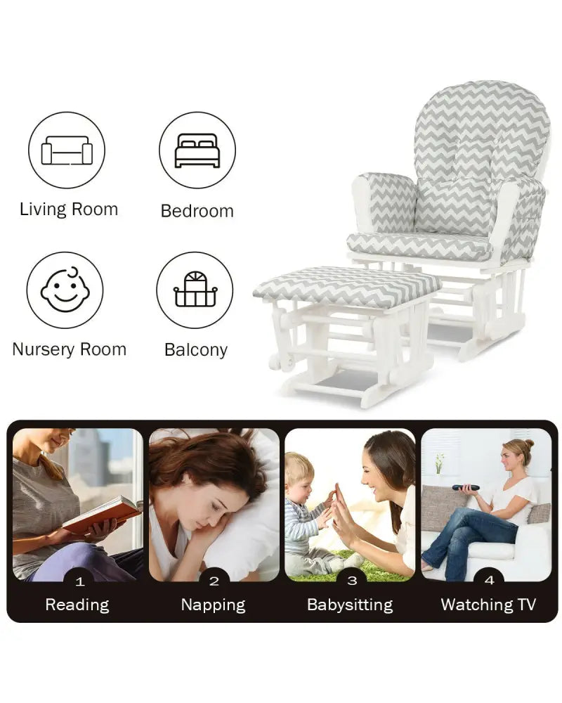 Wood Glider and Ottoman Set with Padded Armrests and Detachable Cushion-Gray and White - White - Recliners