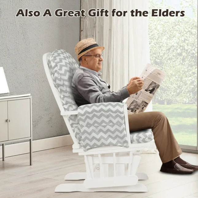 Wood Glider and Ottoman Set with Padded Armrests and Detachable Cushion-Gray and White - White - Recliners