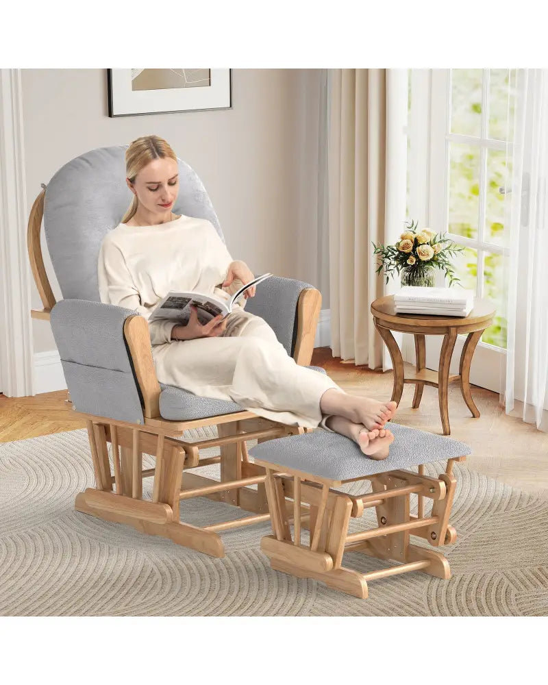 Wood Glider and Ottoman Set with Padded Armrests and Detachable Cushion-Natural - Natural - Recliners