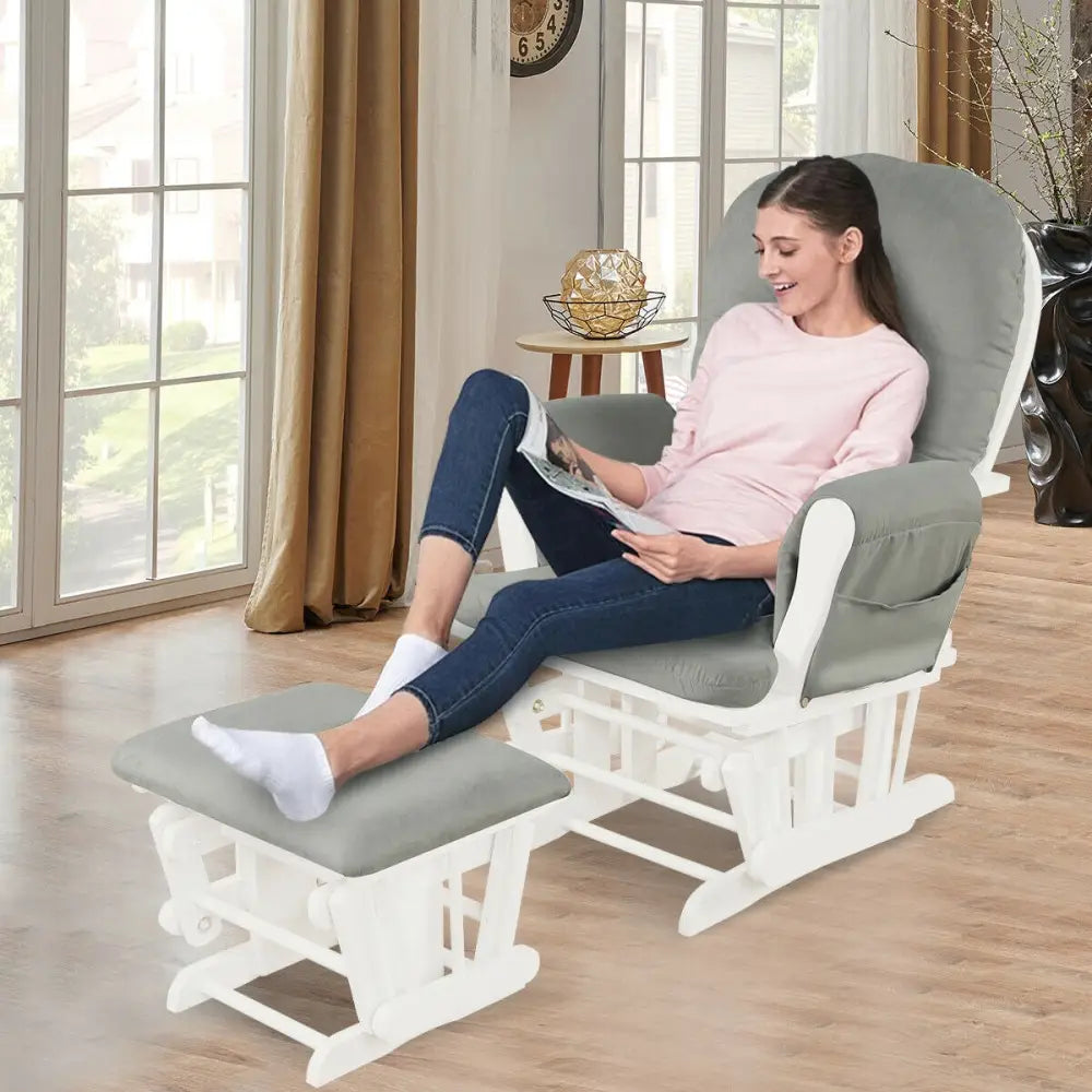 Wood Glider and Ottoman Set with Padded Armrests and Detachable Cushion-Light Gray - Light Gray - Recliners