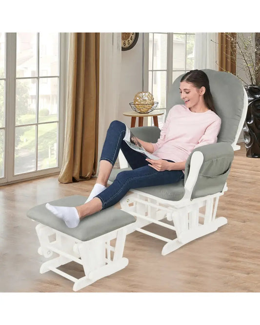Wood Glider and Ottoman Set with Padded Armrests and Detachable Cushion-Light Gray - Light Gray - Recliners