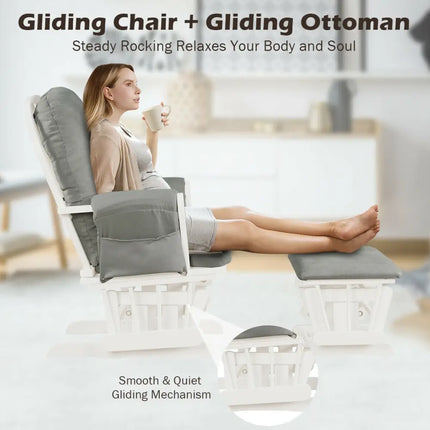 Wood Glider and Ottoman Set with Padded Armrests and Detachable Cushion-Light Gray - Light Gray - Recliners