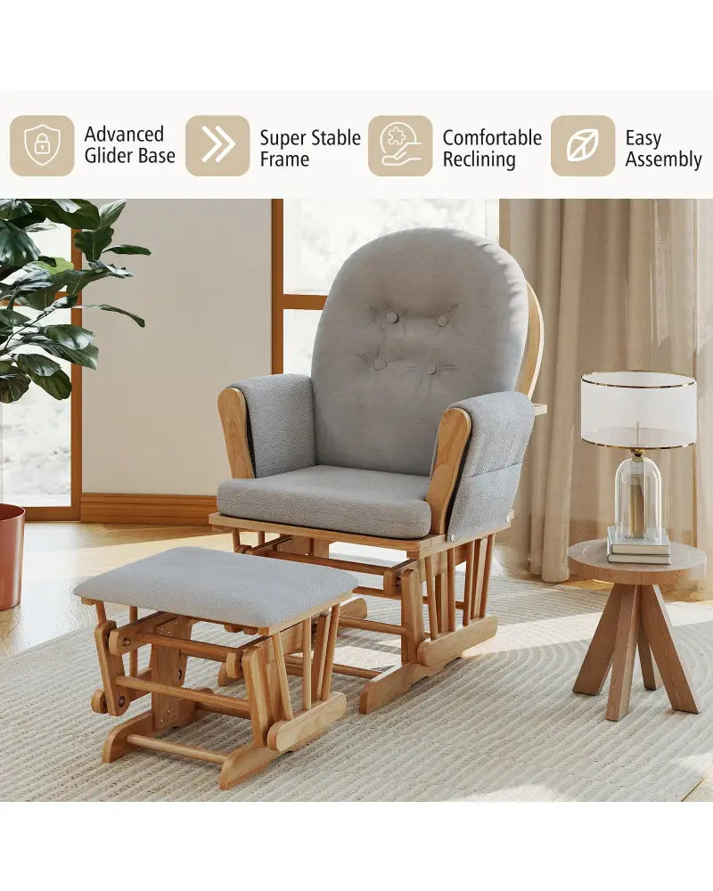 Wood Glider and Ottoman Set with Padded Armrests and Detachable Cushion-Natural - Natural - Recliners