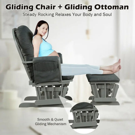 Wood Glider and Ottoman Set with Padded Armrests and Detachable Cushion-Dark Gray - Dark Gray - Recliners