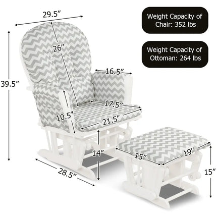 Wood Glider and Ottoman Set with Padded Armrests and Detachable Cushion-Gray and White - White - Recliners