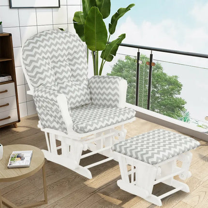 Wood Glider and Ottoman Set with Padded Armrests and Detachable Cushion-Gray and White - White - Recliners