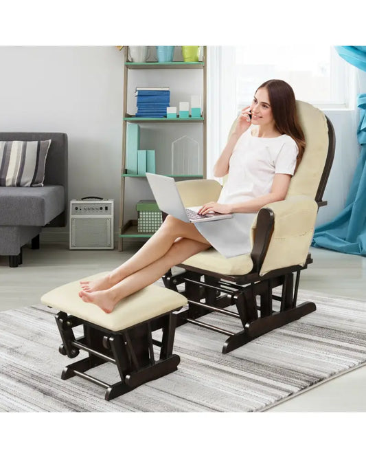 Wood Glider and Ottoman Set with Padded Armrests and Detachable Cushion-Beige - Beige - Recliners