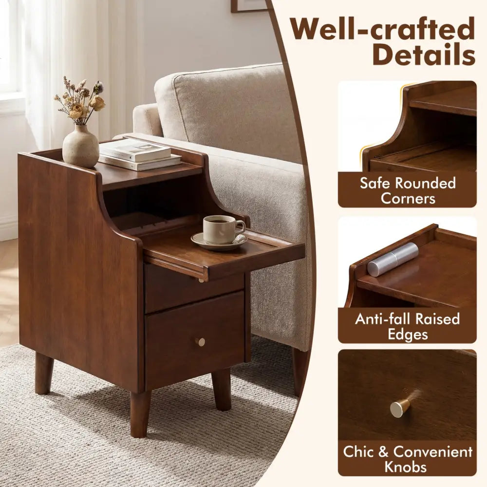 Wood Nightstand Set of 2 with Drawers and Solid Wood Legs-Brown - Brown - Nightstands