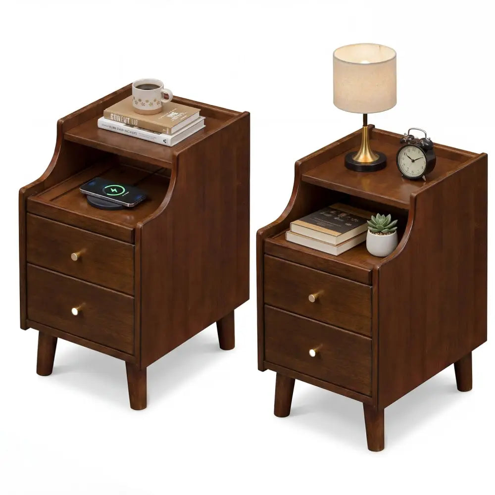 Wood Nightstand Set of 2 with Drawers and Solid Wood Legs-Brown - Brown - Nightstands